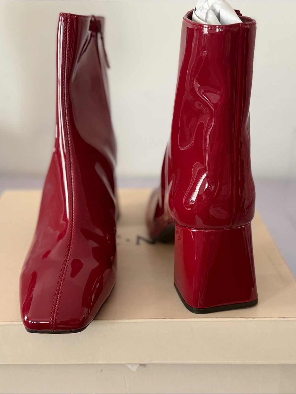 Patent Red Square-Toe Zip Ankle Booties